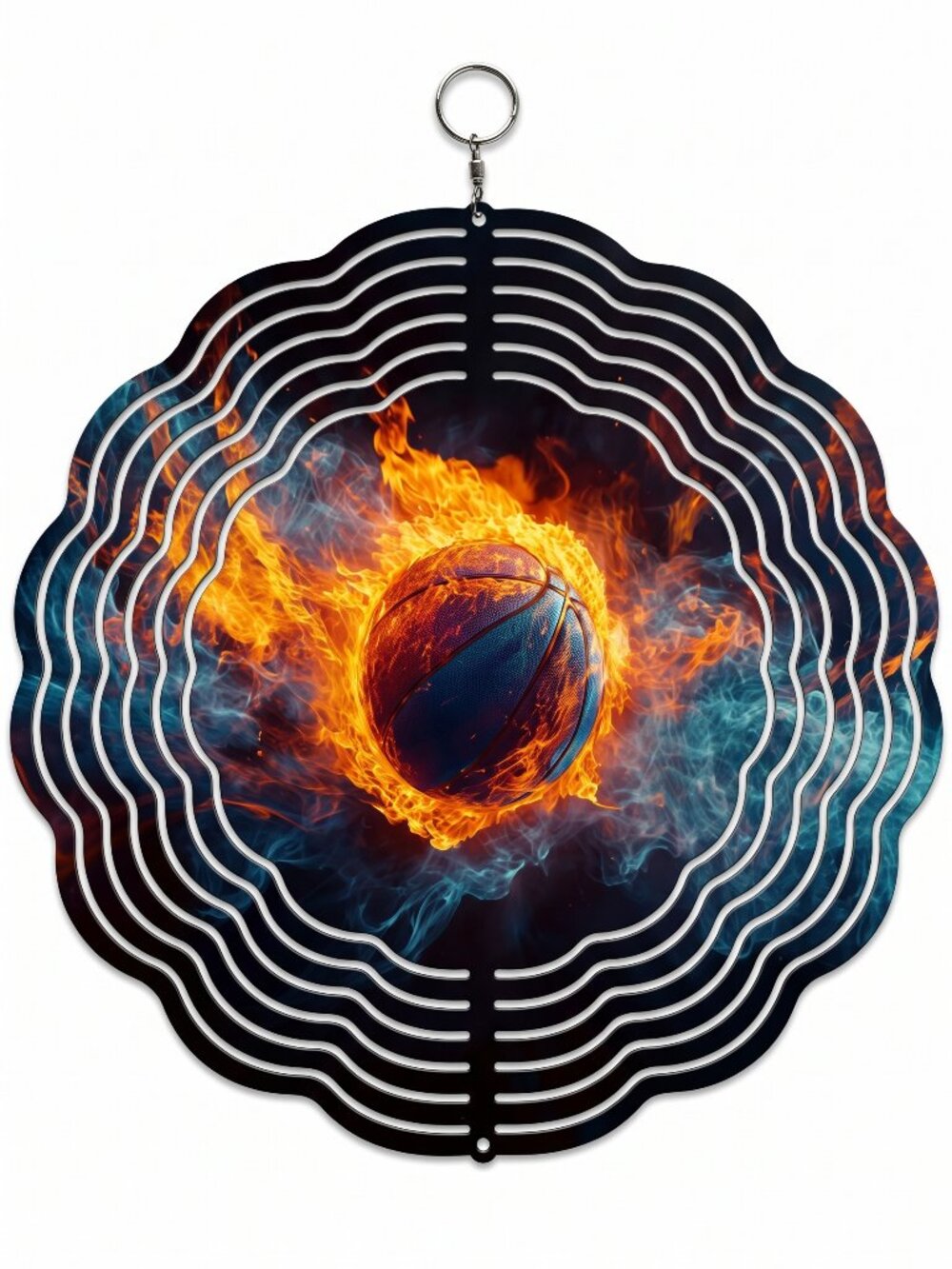 10" Fire Basketball Kinetic Wind Spinner - Metal Hanging Garden Yard Decor